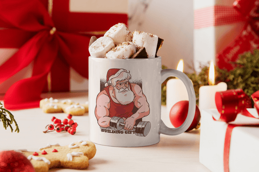 Bedruckte Porzellan Tasse – Santa Gym Bodybuilder mit Weihnachtsmütze