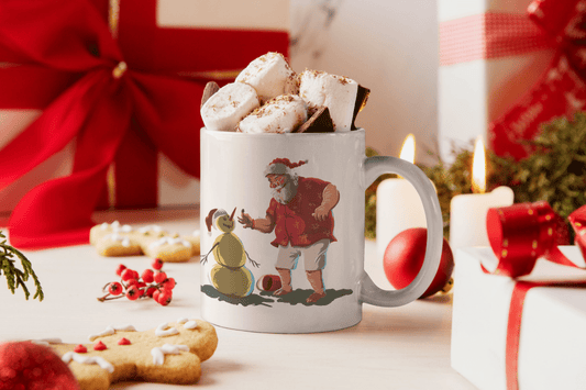 Bedruckte Porzellan Tasse – Schneemann und Weihnachtsmann