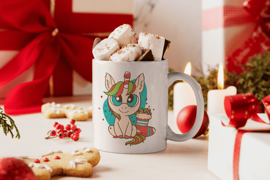 Bedruckte Porzellan Tasse – Süsses Einhornbaby - Weihnachtsdesign