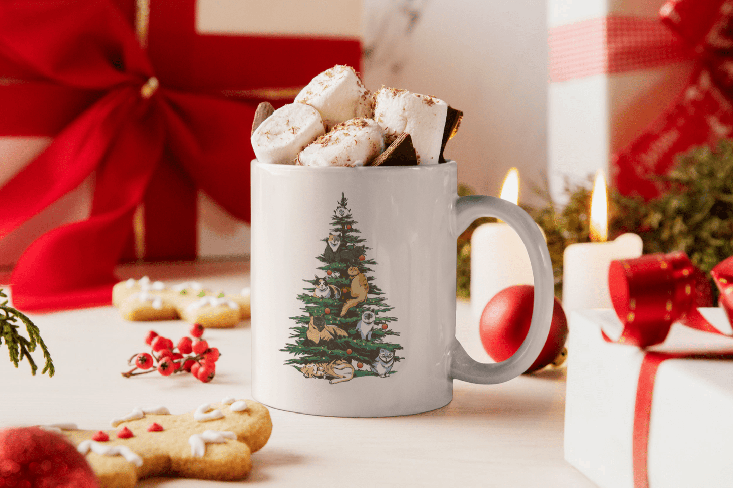 Bedruckte Porzellan Tasse – Tannenbaum mit Katzen - Weihnachten für Katzenfreunde