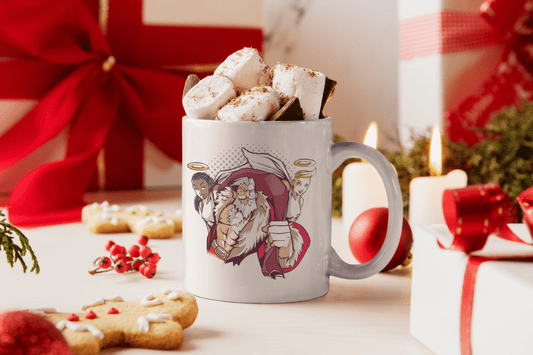 Bedruckte Porzellan Tasse – Comicheld Santa mit 2 Engeln - Weihnachten