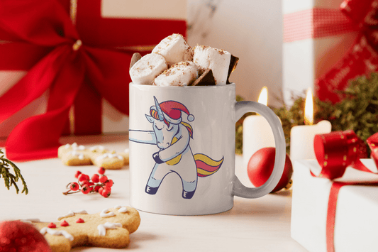 Bedruckte Porzellan Tasse – Dancing Unicorn tanzendes Einhorn - Weihnachten