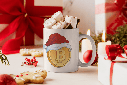Bedruckte Porzellan Tasse – Bitcoin mit Weihnachtsmütze