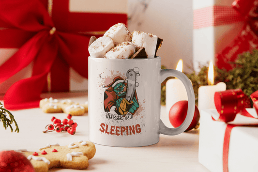 Bedruckte Porzellan Tasse – Böser Grinch mit Kettensäge - Anti Weihnachten