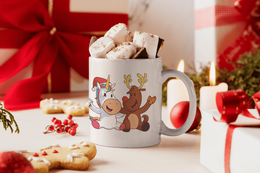 Bedruckte Porzellan Tasse – Baby Einhorn und Rentier mit Milch und Keks - Weihnachten