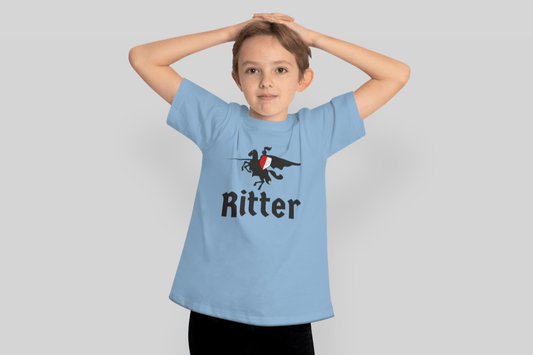 Kinder T-Shirt Baumwolle Unisex - Ritter zu Ross mit Lanze und Schild - Turnei.ch