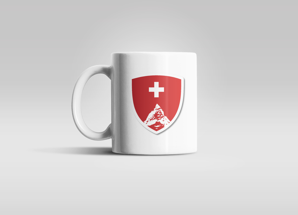 Bedruckte Porzellan Tasse – Schweizer Berge Wappen